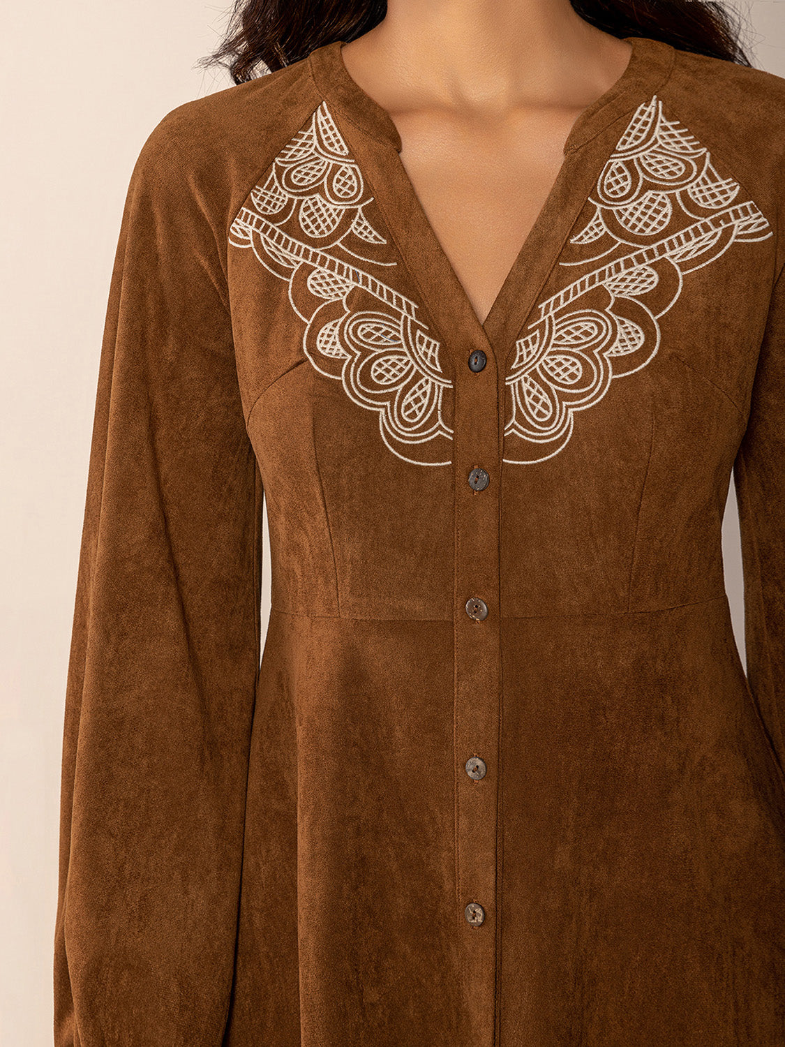 Notched Button Down Long Sleeve Mini Dress - Classique Collection