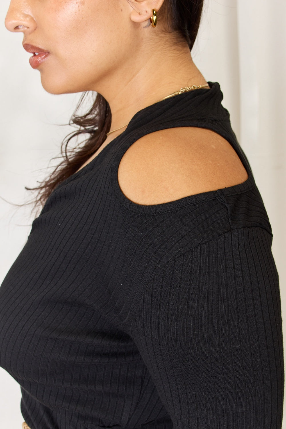 Culture Code Full Size Ribbed Surplice Cold Shoulder Top - Classique Collection