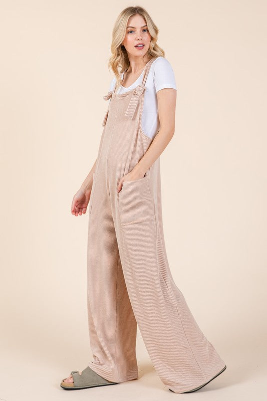 BOMBOM Knot Straps Wide Leg Ribbed Overalls with Pockets - ClassiQ
