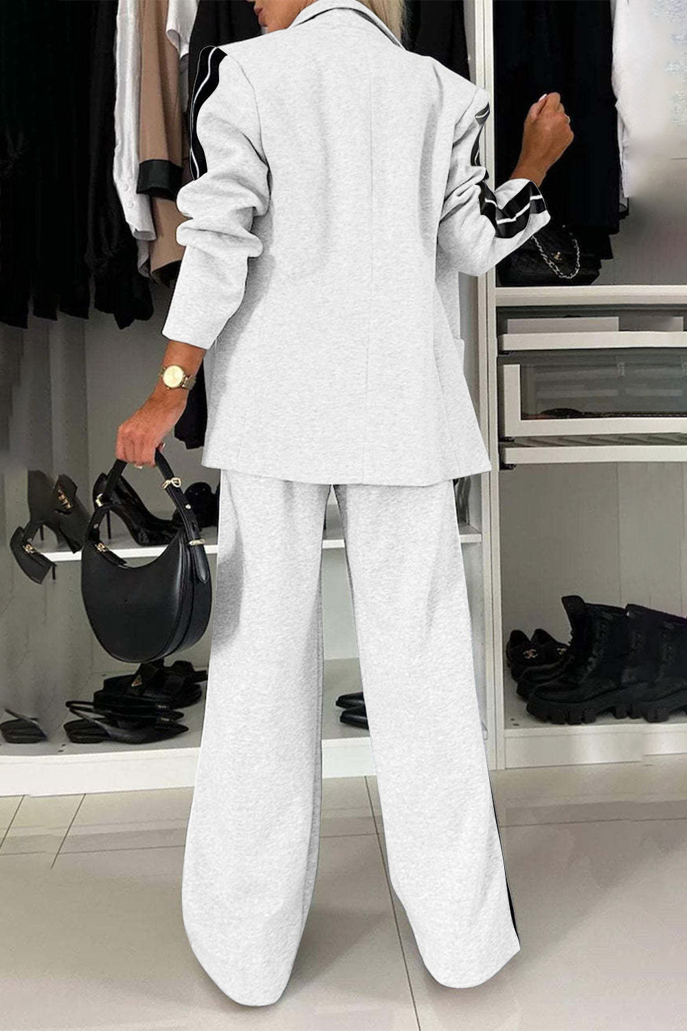 Full Size Contrast Lapel Collar Top and Pants Set - ClassiQ