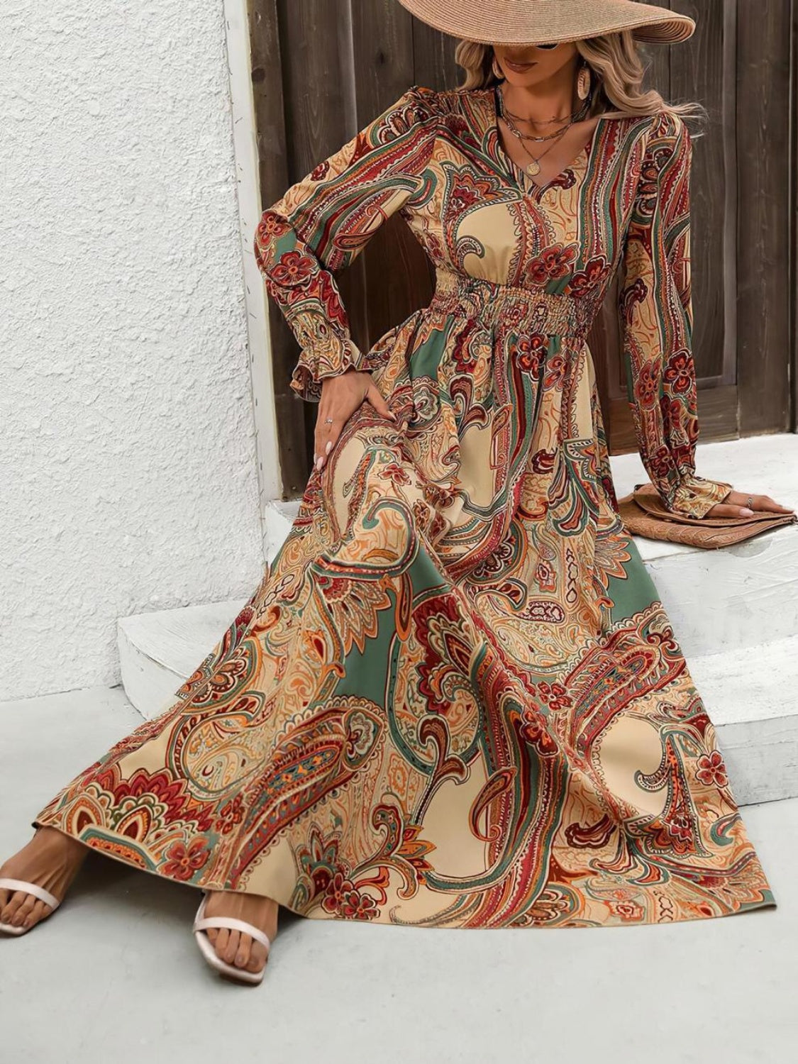 Smocked Printed V-Neck Flounce Sleeve Dress - Classique Collection