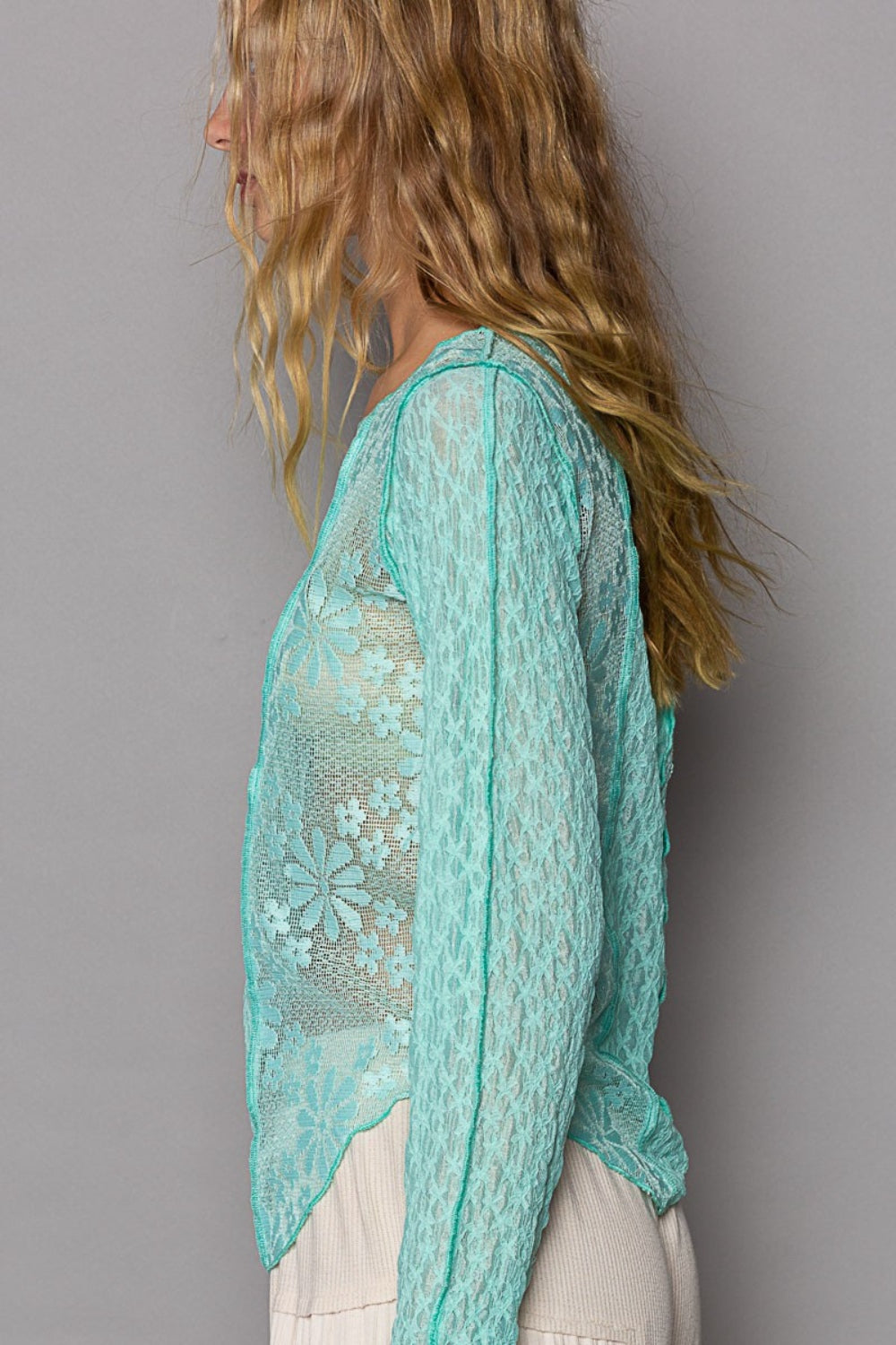 POL Exposed Seam Long Sleeve Lace Knit Top - Classique Collection