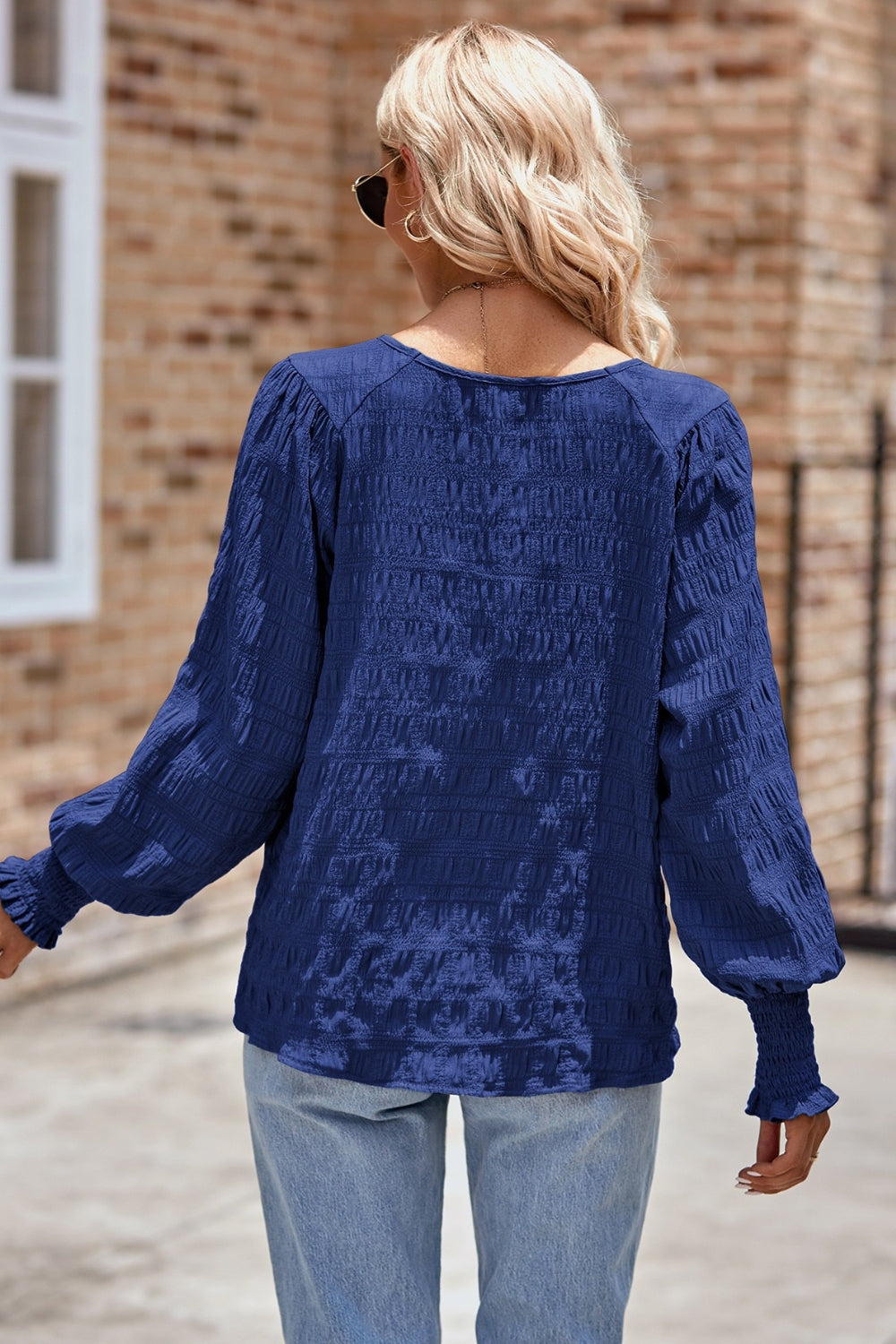 Ruched Round Neck Lantern Sleeve Blouse - Classique Collection