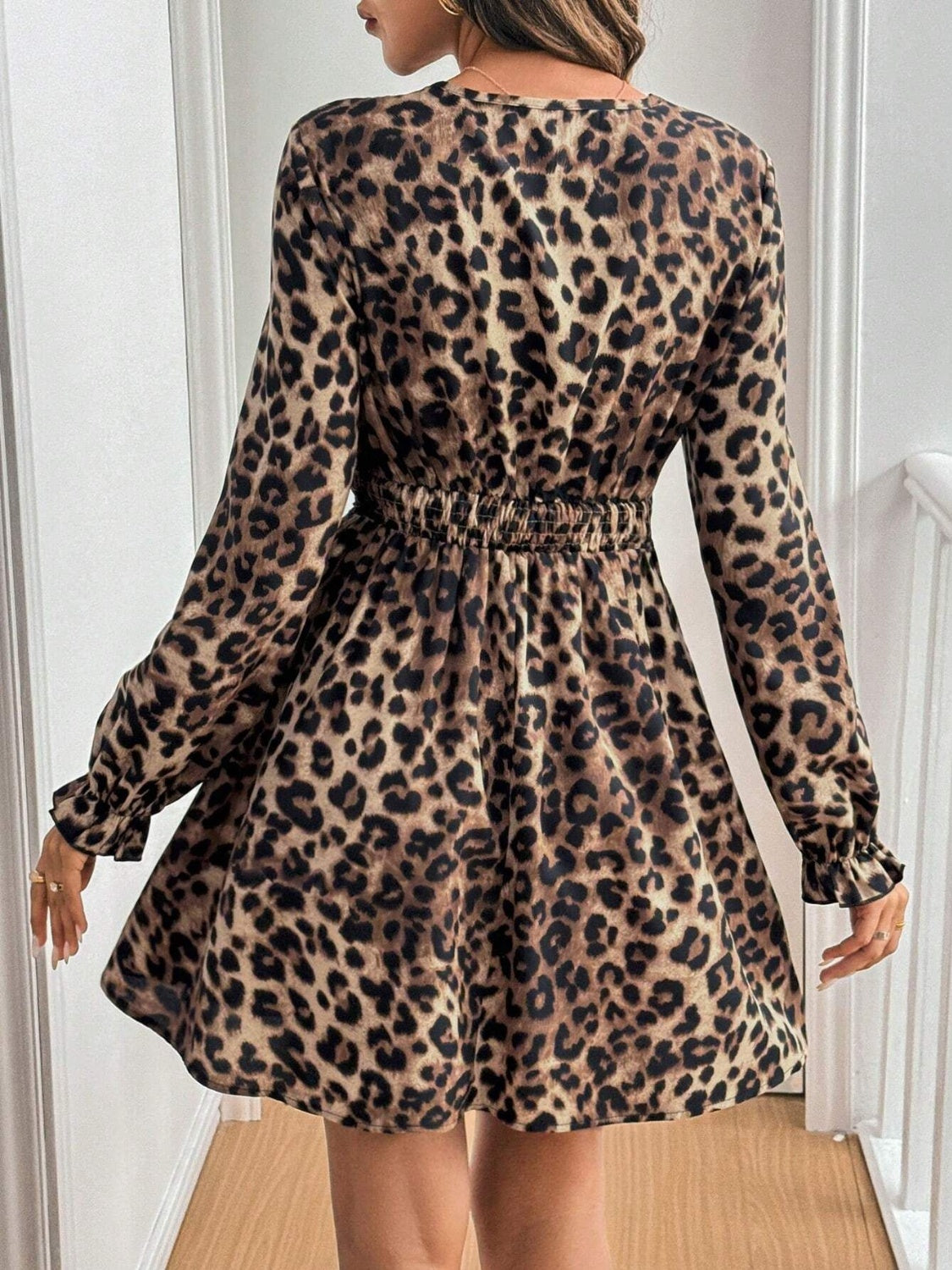 Lace Detail Leopard Flounce Sleeve Mini Dress - Classique Collection
