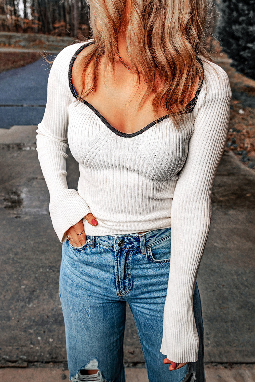 Contrast Sweetheart Neck Ribbed Top - Classique Collection
