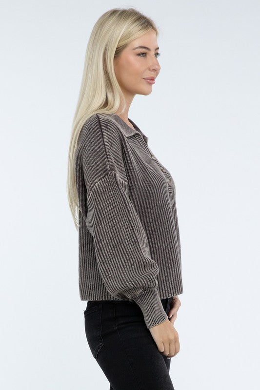 Washed Collared Henley Sweater - Classique Collection