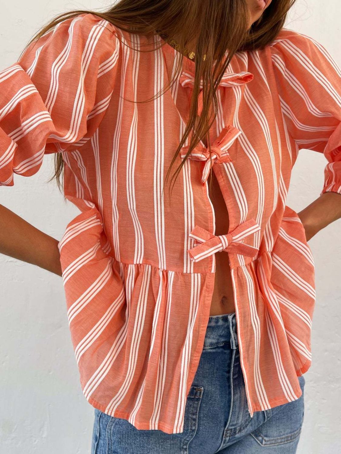 Tied Round Neck Balloon Sleeve Shirt - Classique Collection