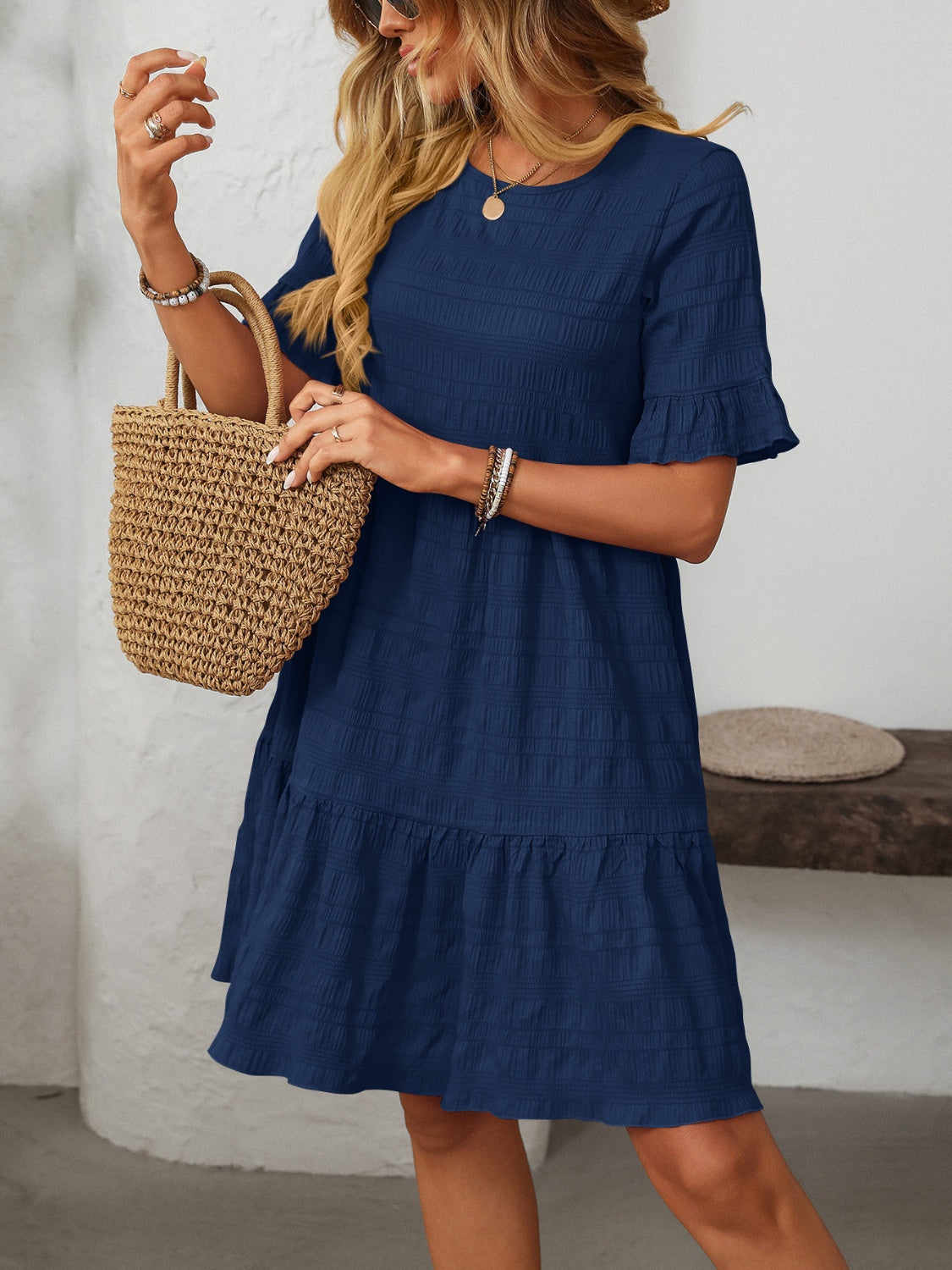 Mandy Ruffled Ruched Round Neck Half Sleeve Dress - Classique Collection