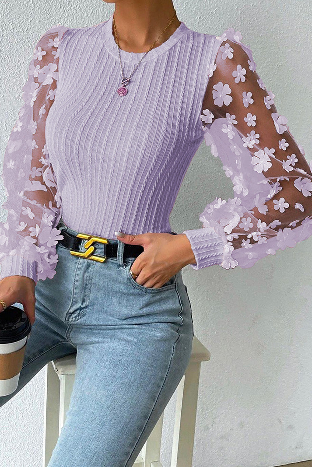 Textured Applique Long Sleeve Blouse - Classique Collection