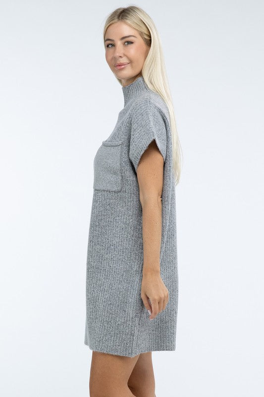 Mock Neck Short Sleeve Sweater Dress with Pocket - Classique Collection
