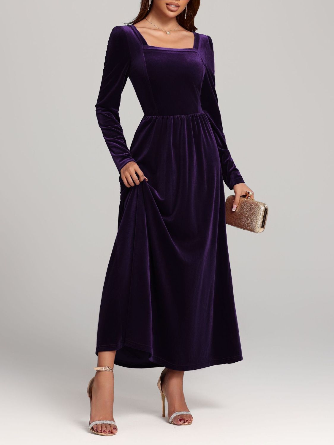 Velvet Square Neck Long Sleeve Dress - Classique Collection