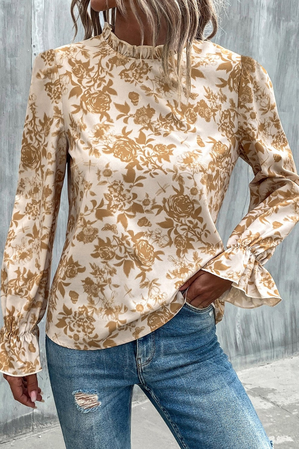 Floral Print Mock Neck Flounce Sleeve Blouse - Classique Collection