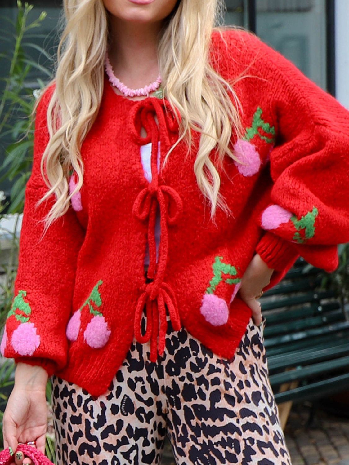 Tied Cherry Round Neck Long Sleeve Cardigan - Classique Collection