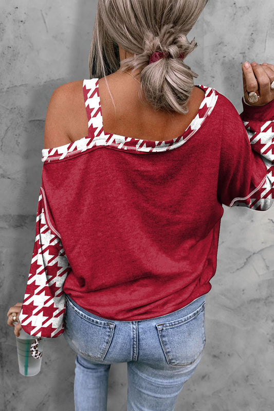 Houndstooth Long Sleeve Asymmetrical Neck Top - Classique Collection