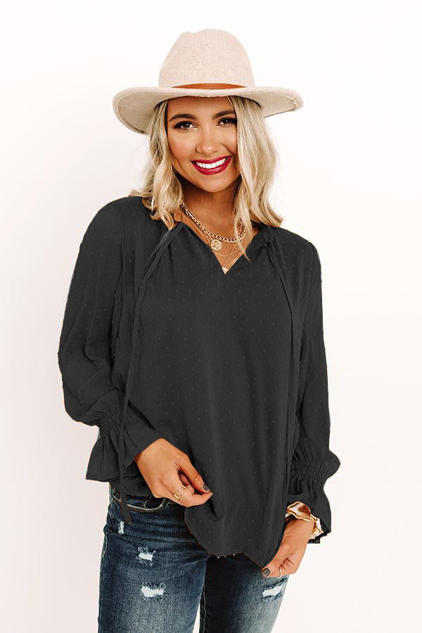 Swiss Dot Tie Neck Flounce Sleeve Blouse - ClassiQ