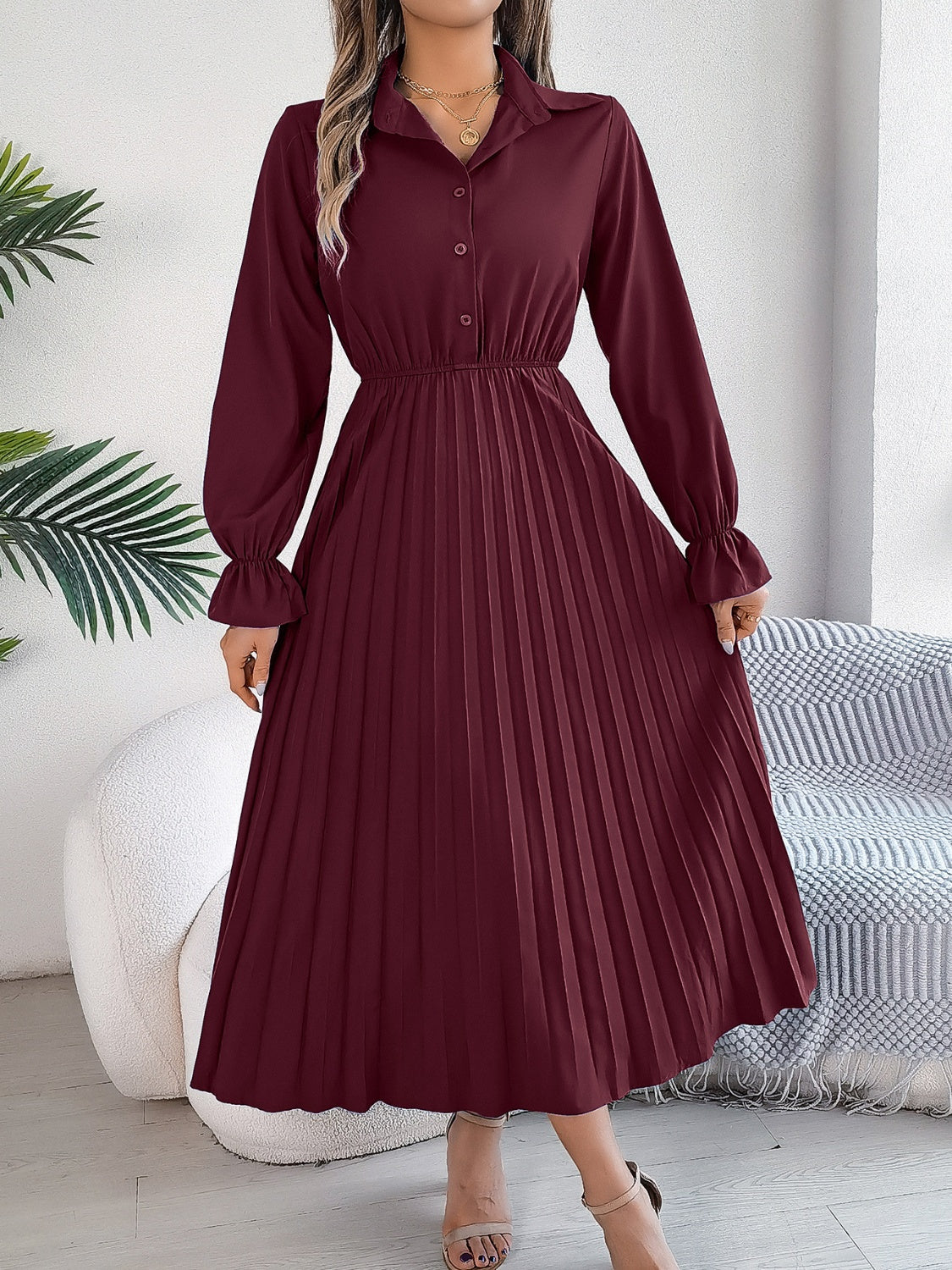 Pleated Half Button Long Sleeve Midi Dress - Classique Collection