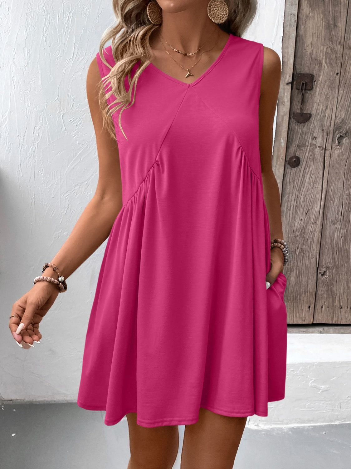 Ivy Lane Ruched V-Neck Sleeveless Mini Dress - Classique Collection