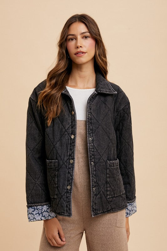 Annie Wear Quilted Printed Lining Snap Down Denim Jacket - ClassiQ