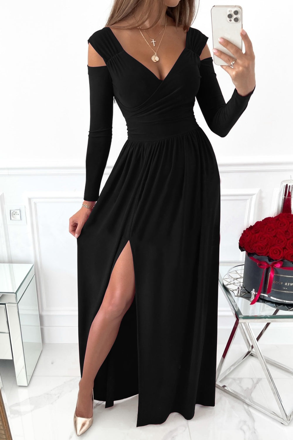 Slit Surplice Long Sleeve Maxi Dress - Classique Collection