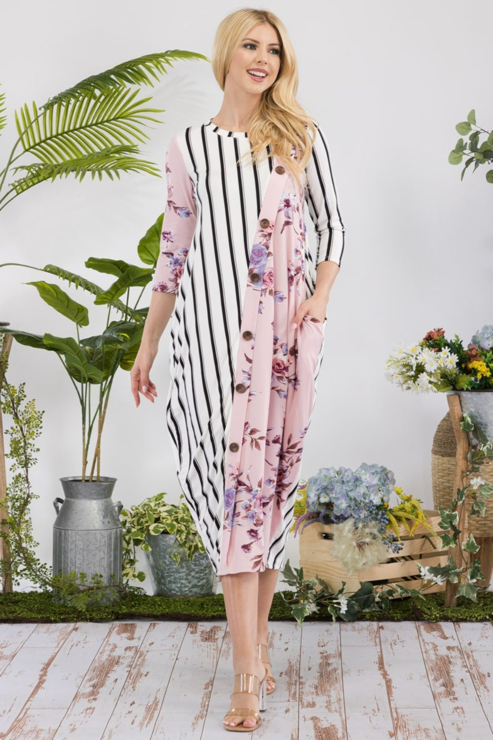 Celeste Full Size Floral Striped Contrast Midi-Dress with Pockets - Classique Collection