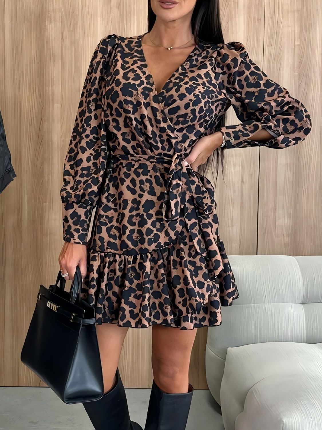 Tied Leopard Surplice Long Sleeve Dress - Classique Collection