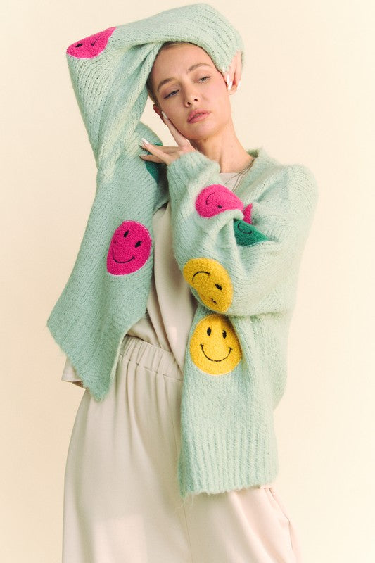 Davi & Dani Fuzzy Smile Open Front Long Sleeve Cardigan - Classique Collection