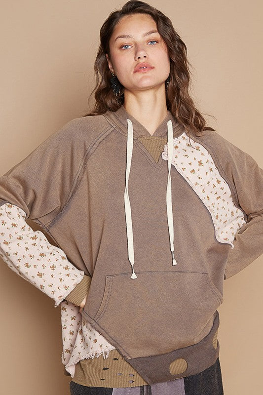 POL Floral Patchwork Distressed Drawstring Hoodie - Classique Collection