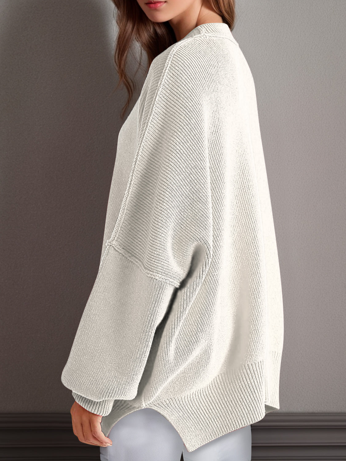 Double Take Side Slit Round Neck Long Sleeve Sweater - ClassiQ