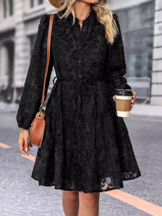 Lace Button Down Long Sleeve Mini Dress - Classique Collection