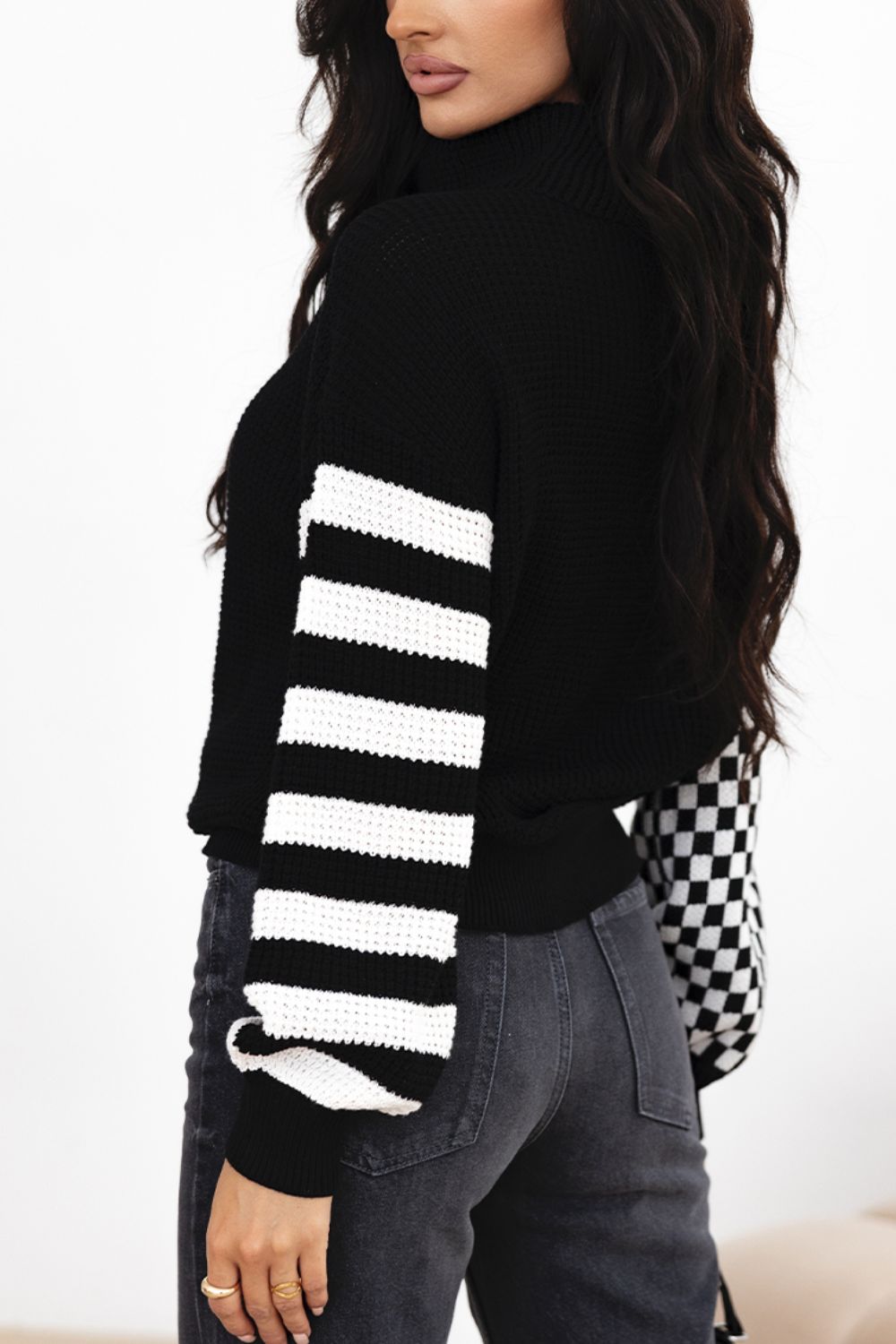 Striped & Checkered Turtleneck Dropped Shoulder Sweater - ClassiQ