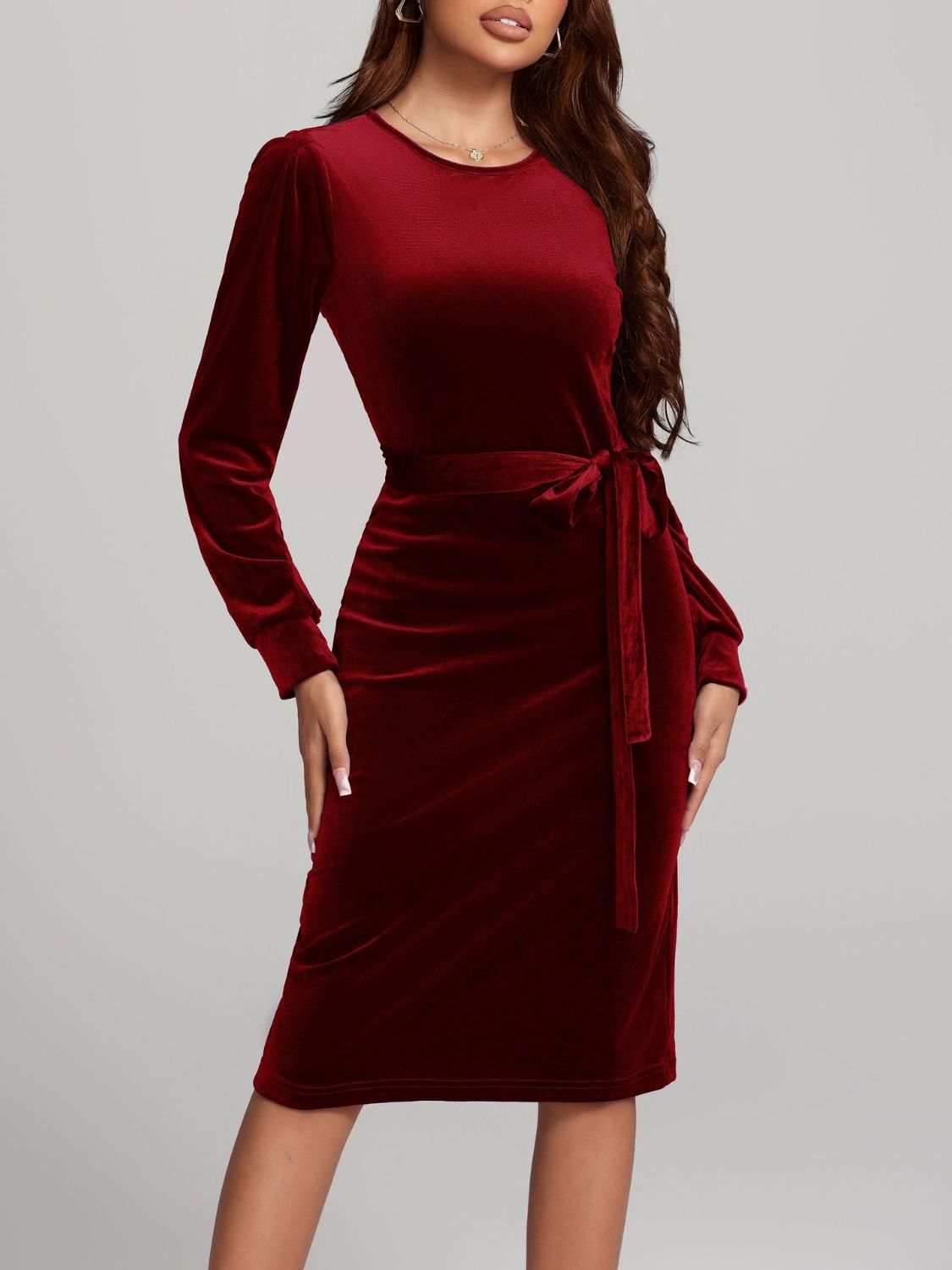 Round Neck Tie Waist Long Sleeve Velvet Dress - Classique Collection