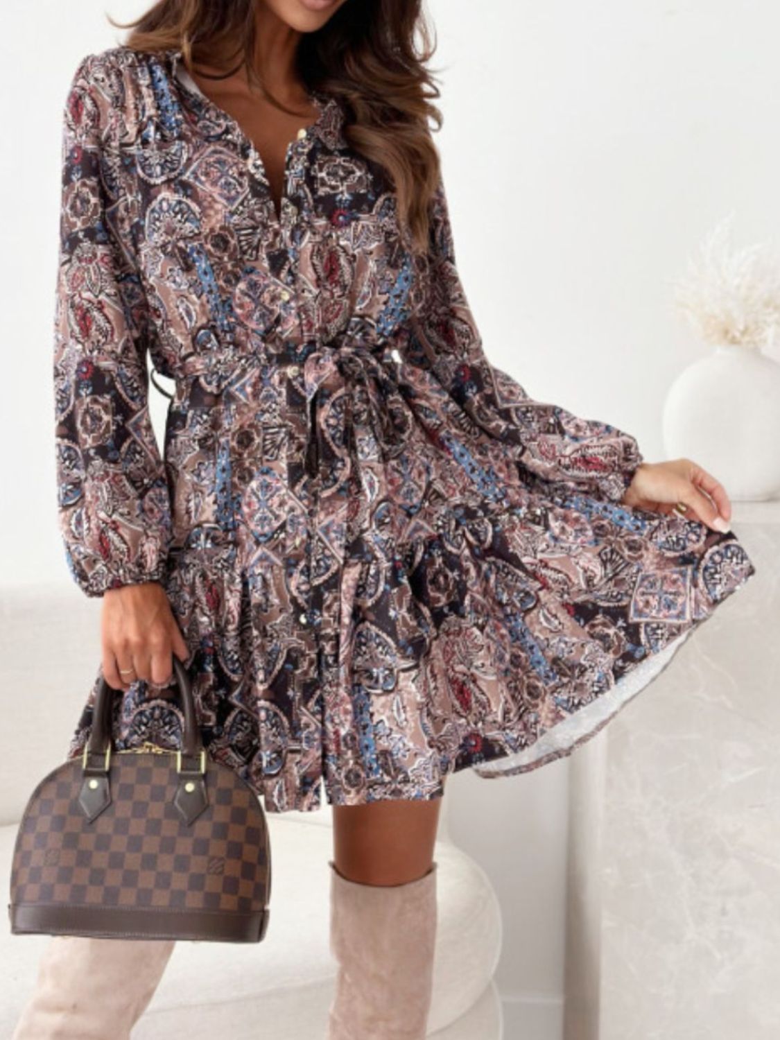 Ruffle Hem Floral Long Sleeve Dress - Classique Collection