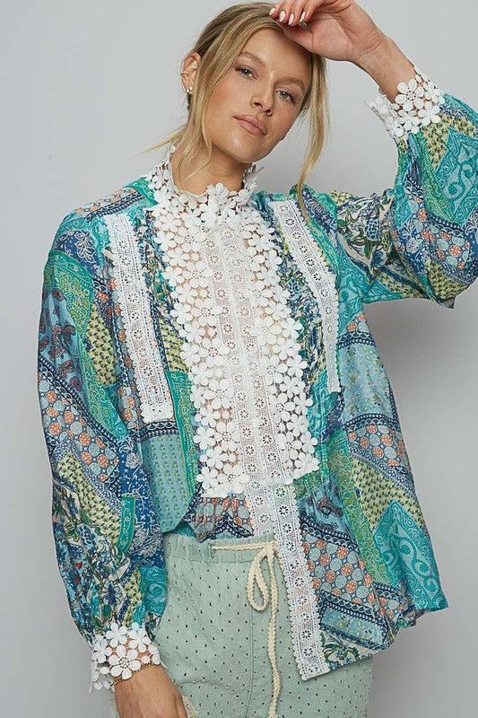 POL Lace Detail Printed Button Down Shirt - Classique Collection