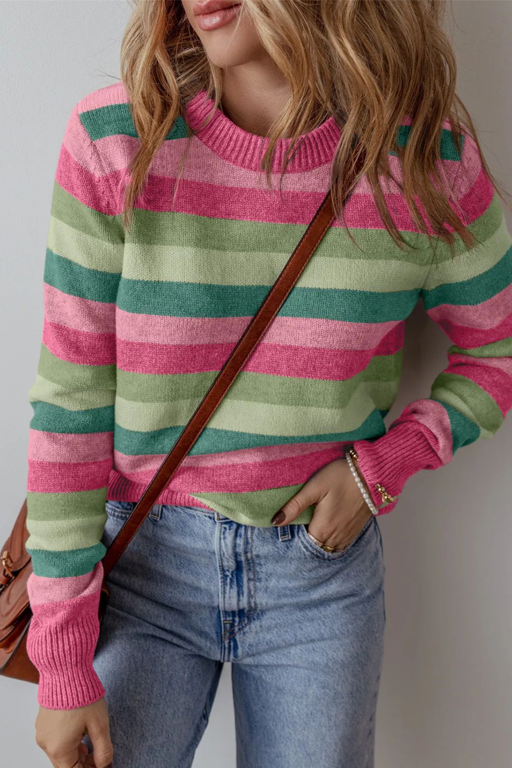 Striped Round Neck Long Sleeve Sweater - ClassiQ