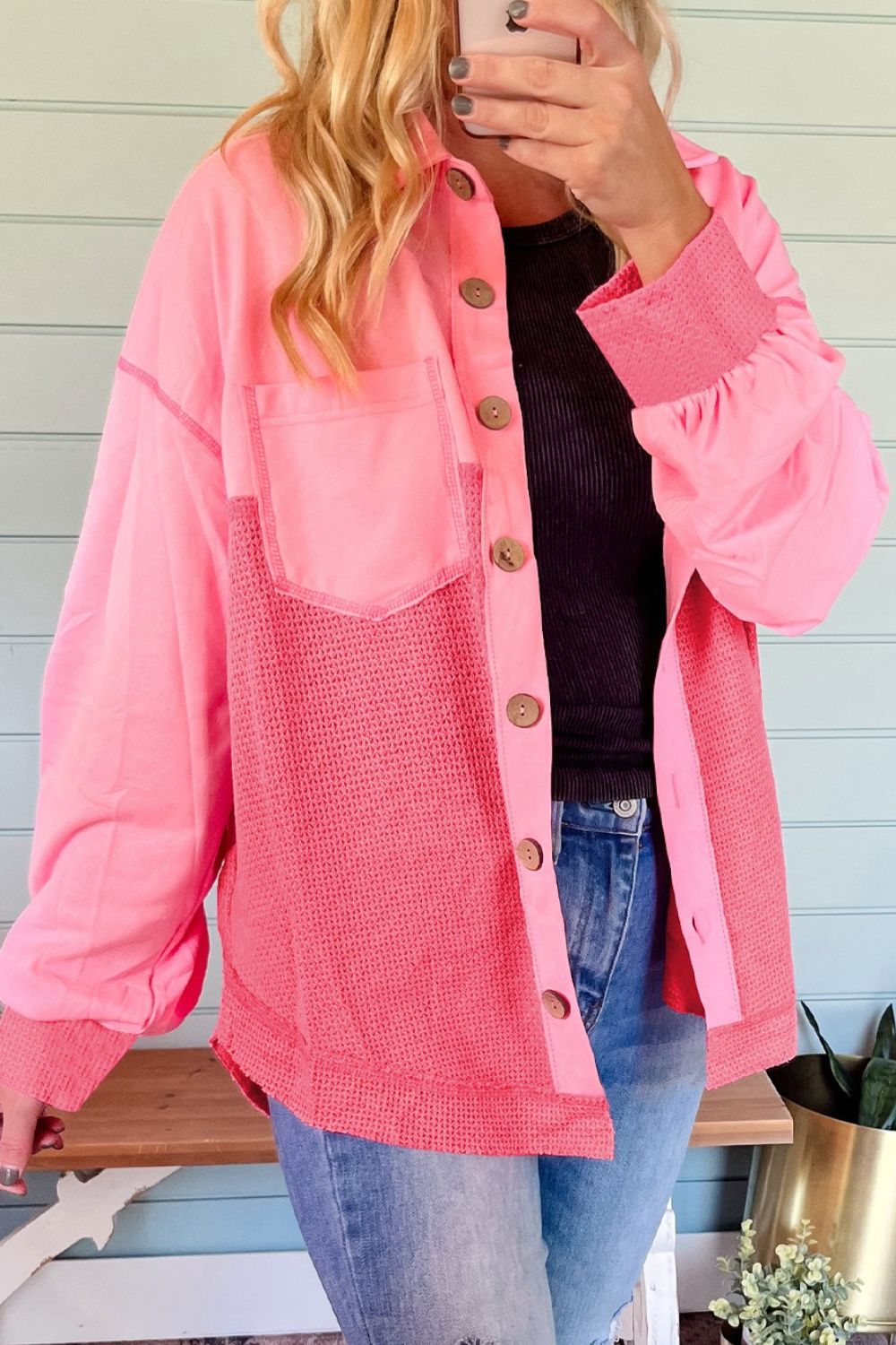 Two Tone Button Up Drop Shoulder Shacket - Classique Collection