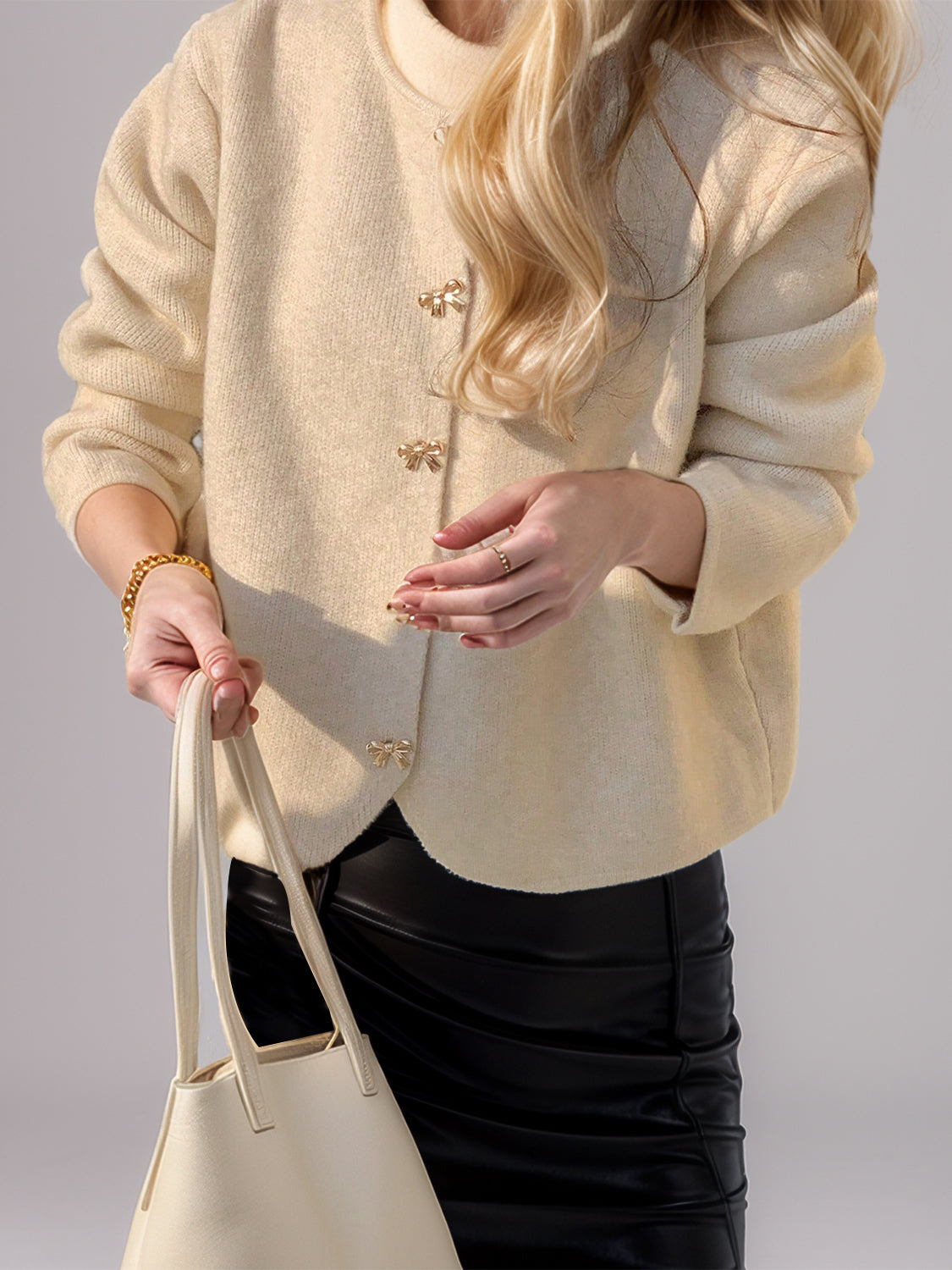 Bow Button Down Round Neck Long Sleeve Cardigan - Classique Collection