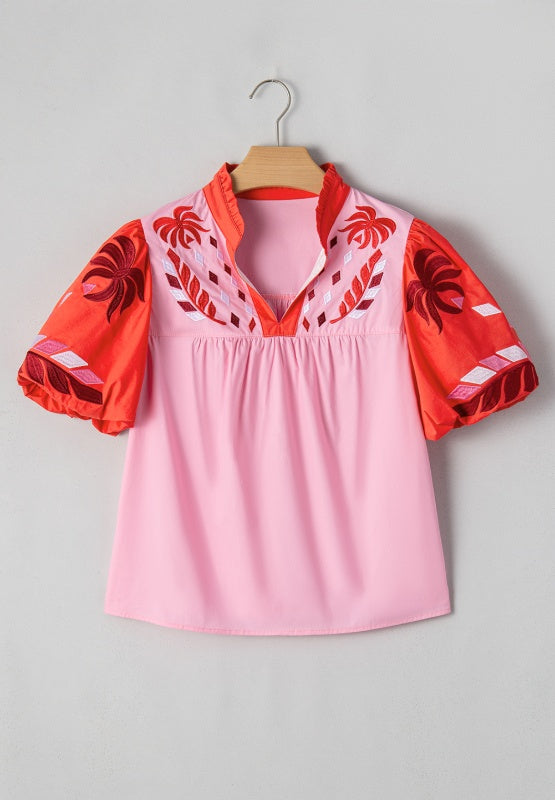 Embroidered Notched Short Sleeve Babydoll Blouse - Classique Collection