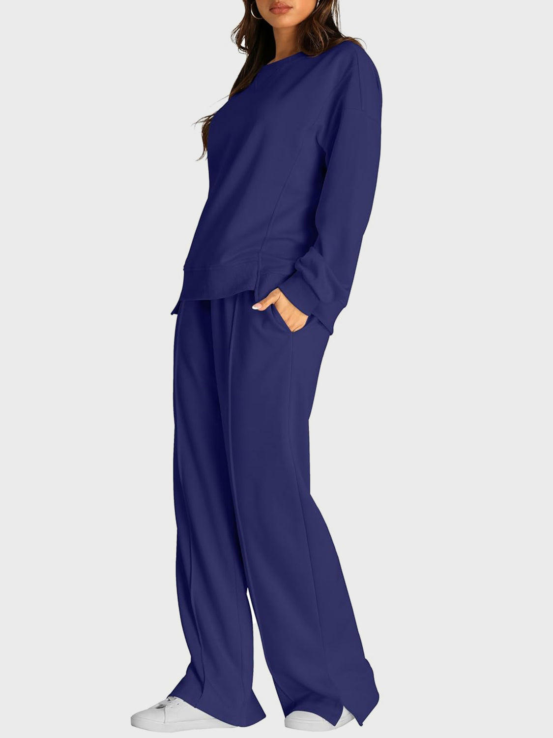Round Neck Long Sleeve Top and Slit Pants Set - ClassiQ