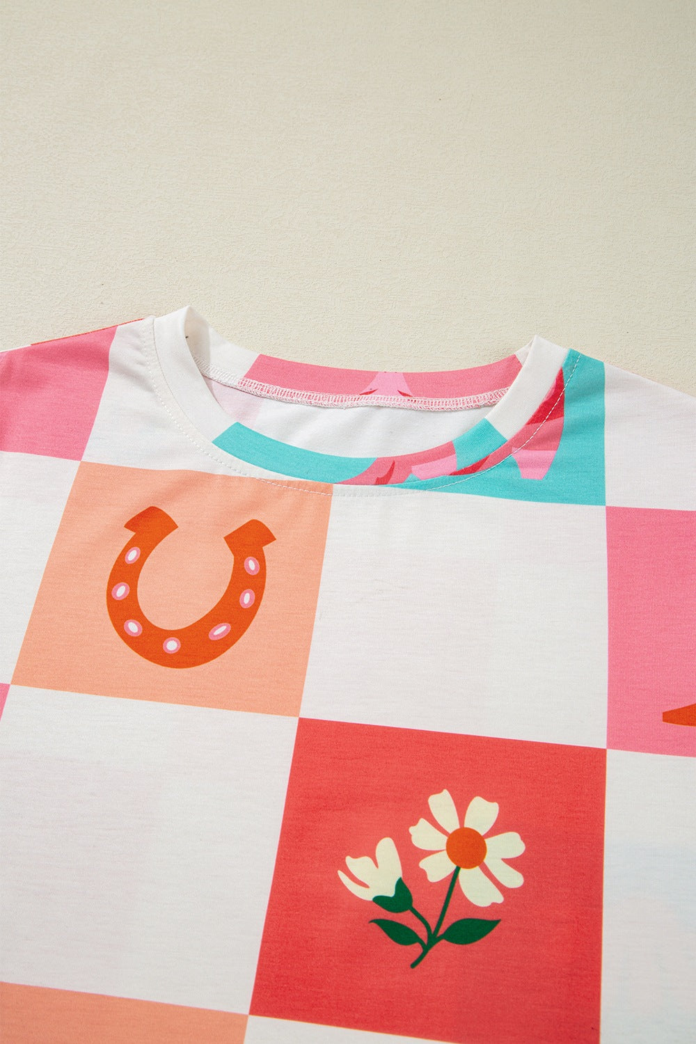 Checker Print Round Neck Short Sleeve T-Shirt - Classique Collection
