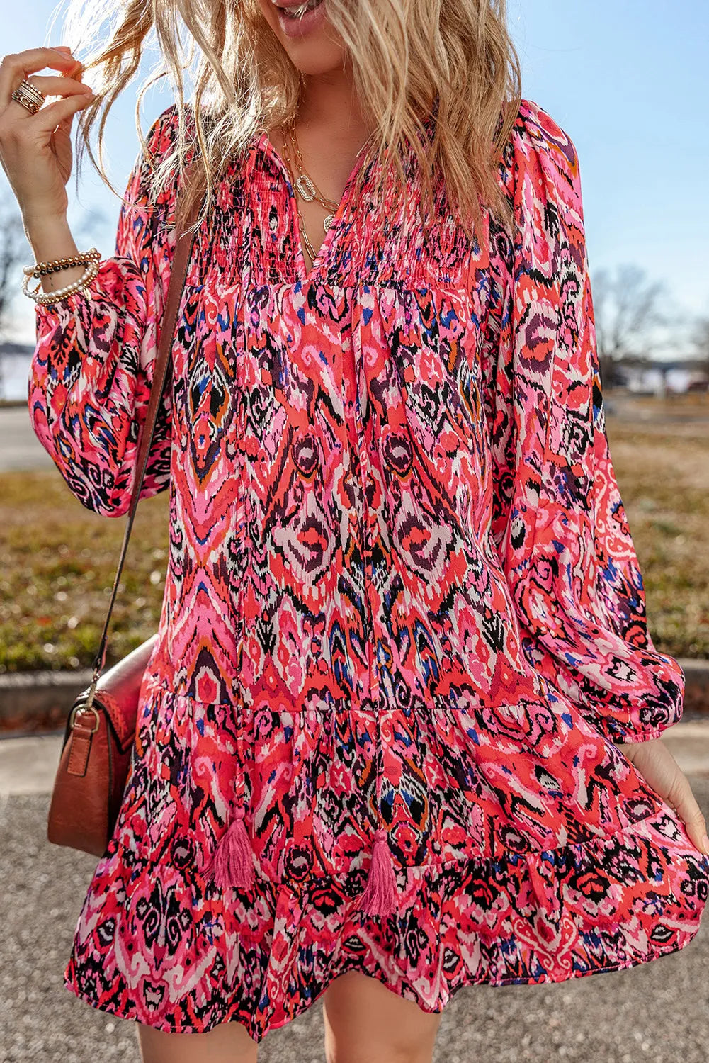 Tassel Printed Tie Neck Long Sleeve Dress - Classique Collection