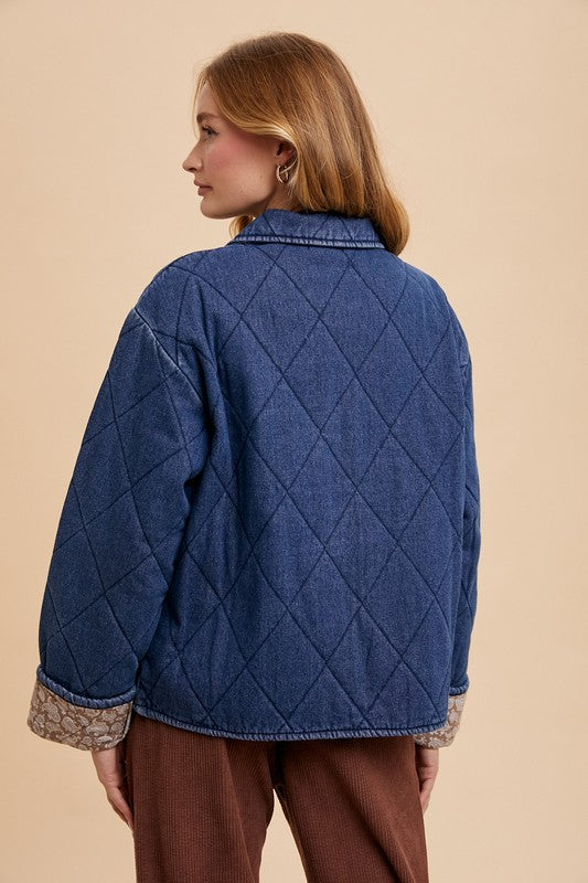 Annie Wear Quilted Printed Lining Snap Down Denim Jacket - ClassiQ