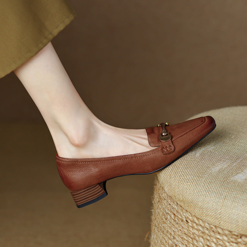 Spring And Autumn New Retro Square Toe Leather Shoes For Women ClassiQ