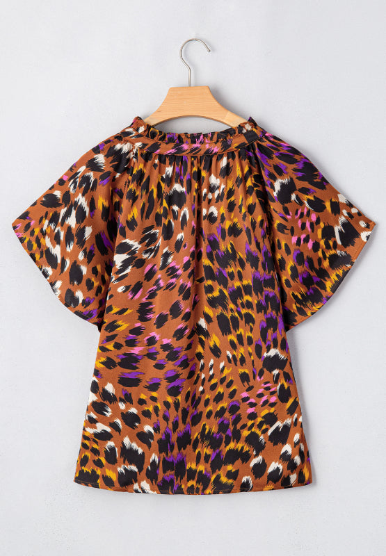 Leopard Notched Short Sleeve Blouse - Classique Collection