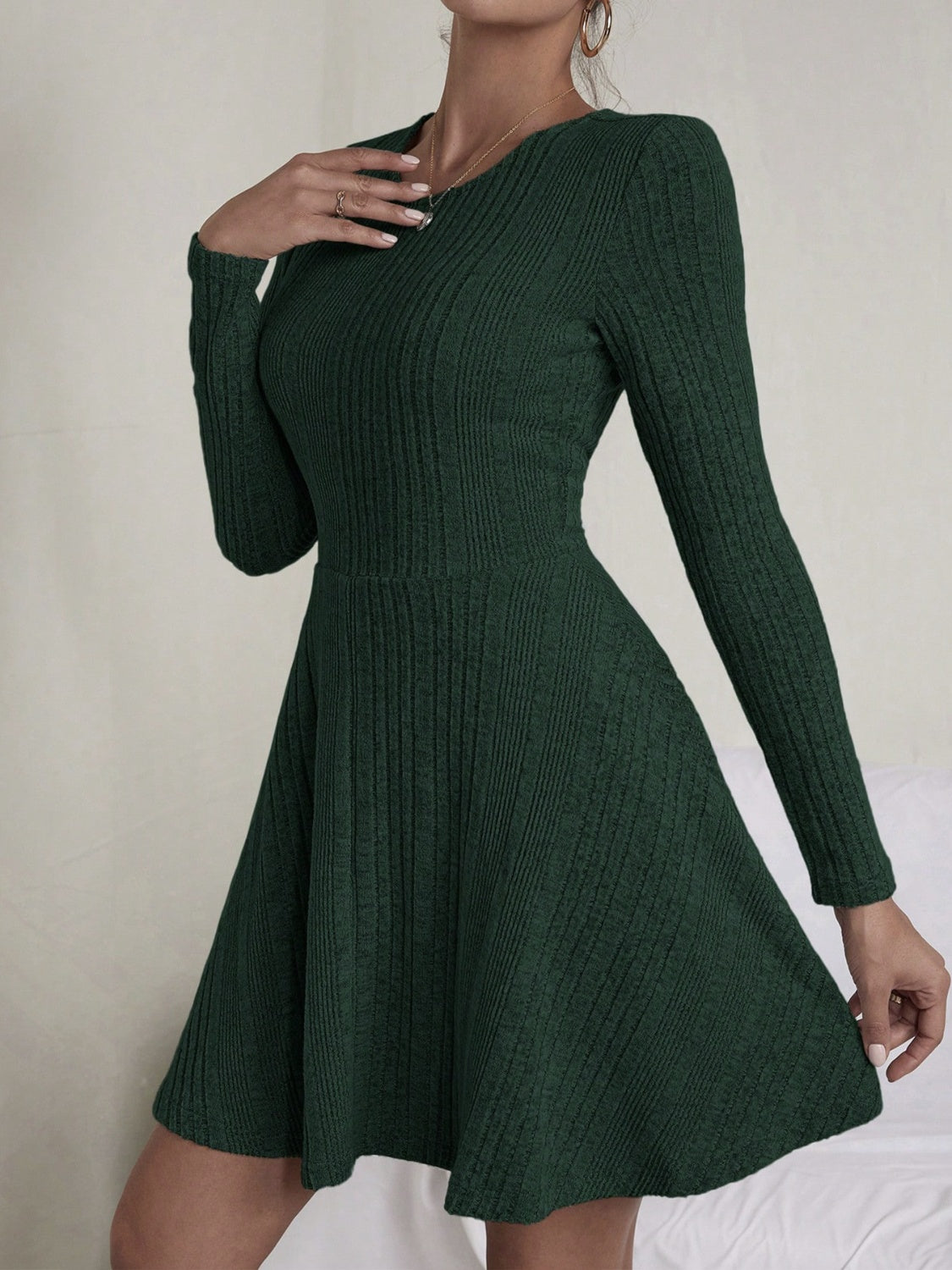 Textured Round Neck Long Sleeve Dress - Classique Collection