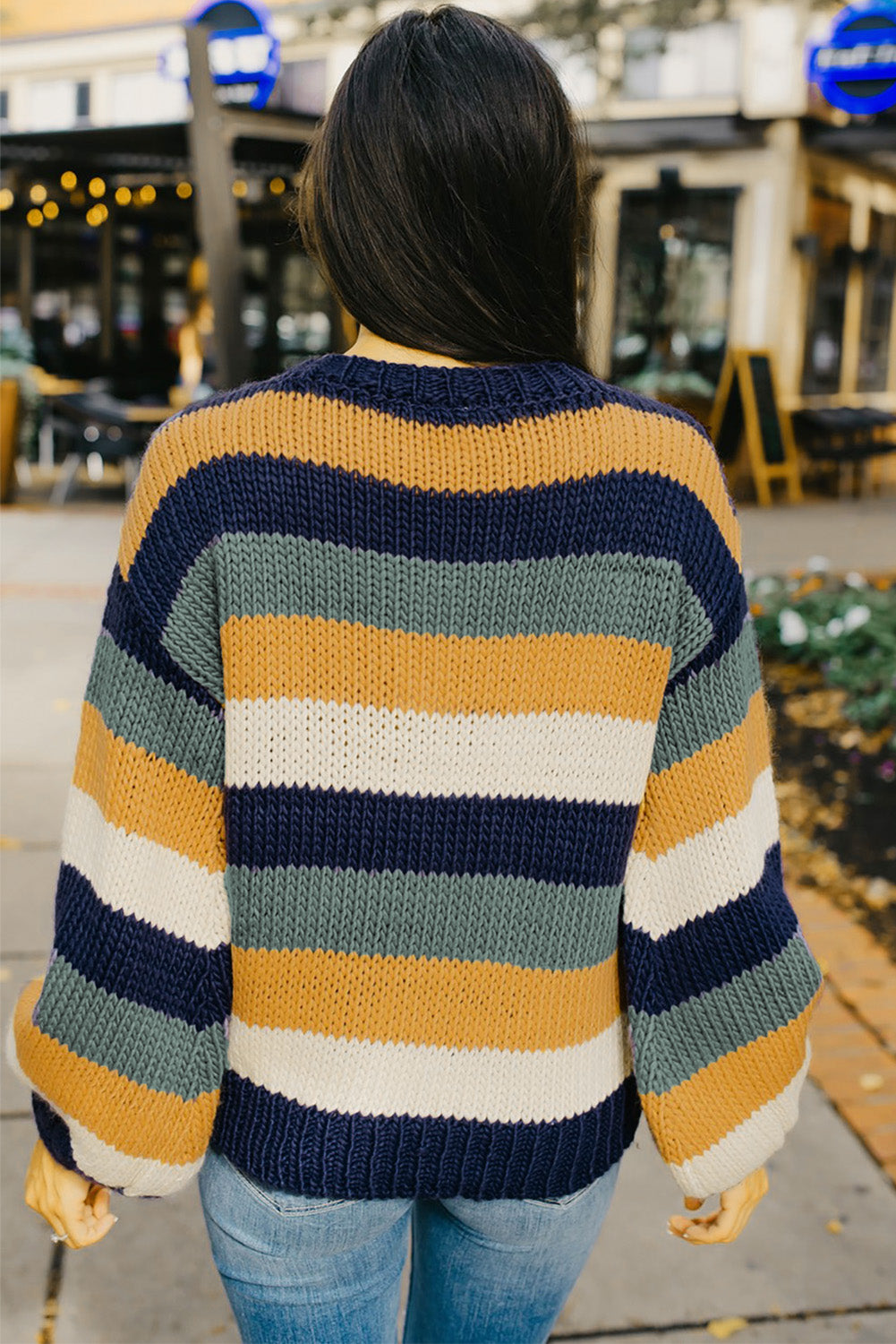 Color Block Round Neck Dropped Shoulder Sweater - ClassiQ
