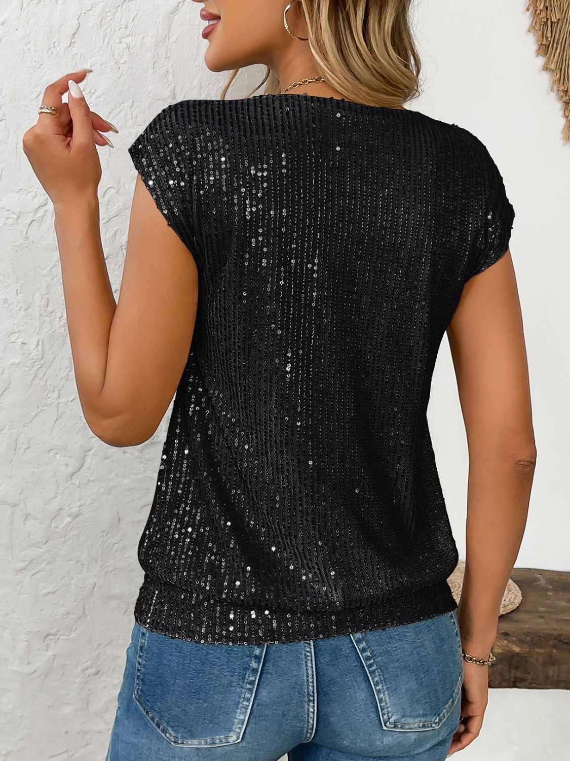 Sequin V-Neck Cap Sleeve Top - Classique Collection