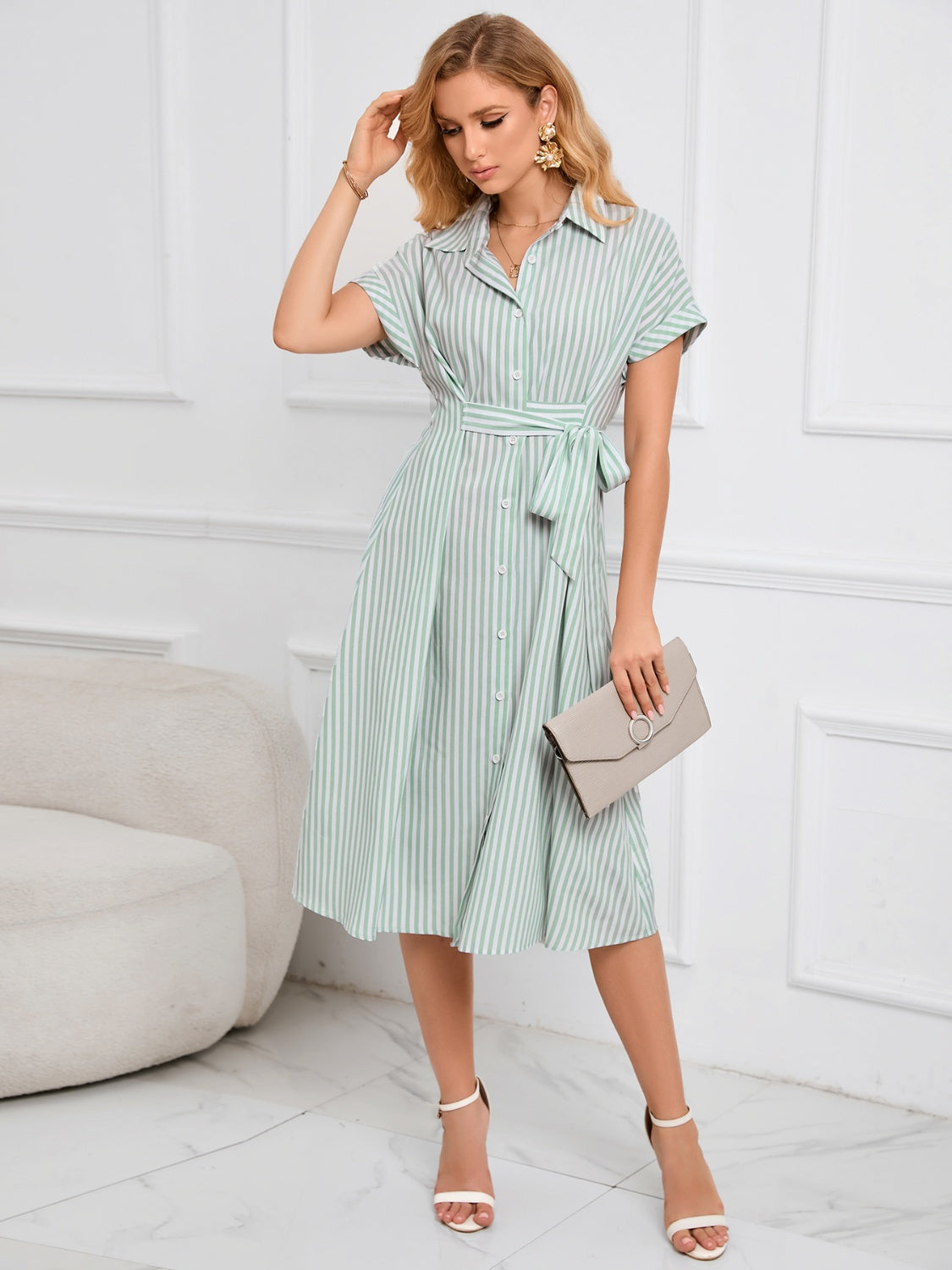 Striped Short Sleeve Tie Waist Midi Dress - Classique Collection