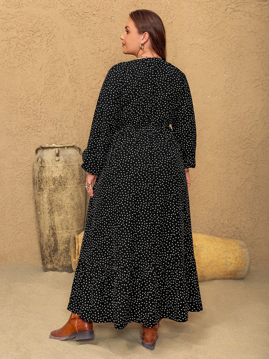 Plus Size Embroidered Polka Dot Notched Long Sleeve Dress - Classique Collection