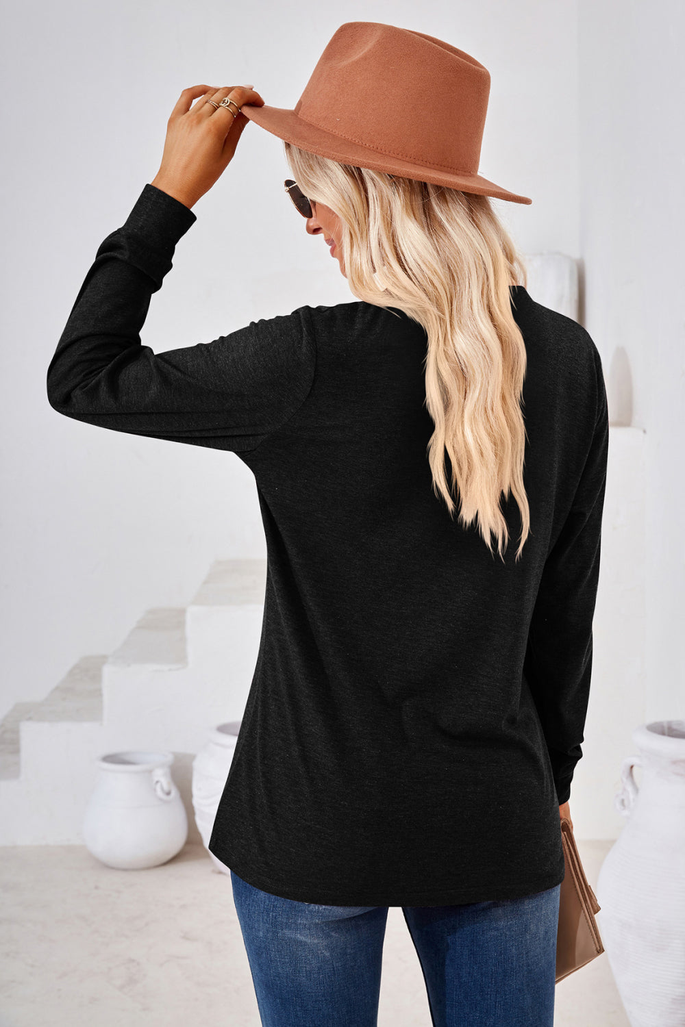 V-Neck Buttoned Long Sleeve Blouse - Classique Collection