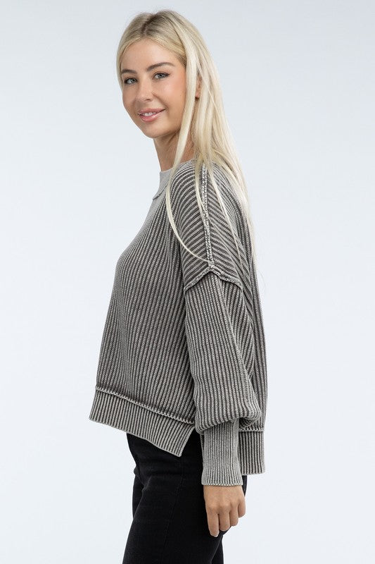 Washed Side Slit Oversized Cropped Sweater - Classique Collection